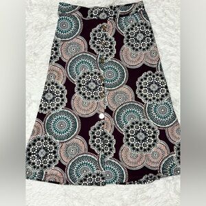 Button-Front A-Line Skirt in Plum with Teal & Cream Medallions